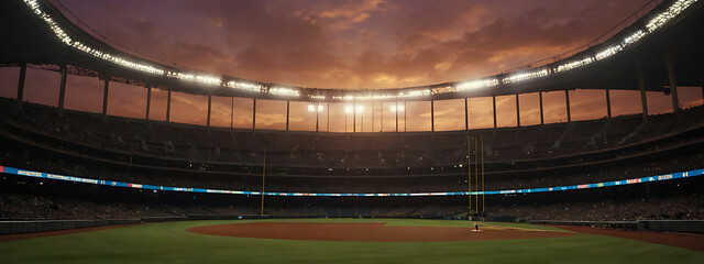 An empty stadium at sunset, with a single spotlight shining on the center field, symbolizing the aftermath of a thrilling game.