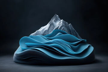 Surreal mountain landscape with flowing blue waves and snow capped peaks, creating dreamlike atmosphere that captivates imagination