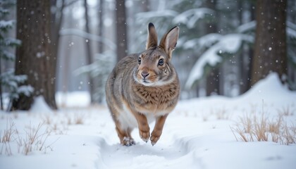 Obraz premium Curious Brown Rabbit Exploring Snowy Winter Forest at Dawn