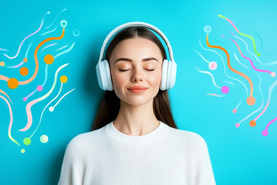 A woman enjoys music with headphones on, her expression serene as colorful sound waves surround her
