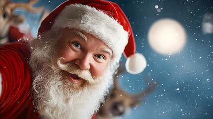 Santa Claus soaring through the starry night sky in his magical sleigh pulled by reindeer surrounded by a full moon and twinkling stars creating a festive and enchanting winter landscape