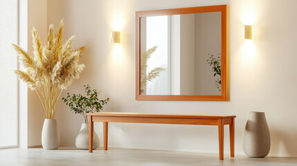 Modern interior with natural light, wooden bench, decorative plants, and large mirror creating a serene atmosphere