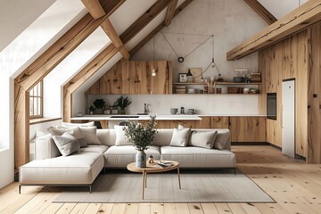 Elegant living room interior with kitchen with sloping ceiling, fabric sofa and cabinets