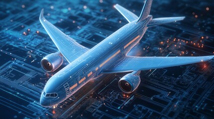 Airplane with online booking elements, 3D rendering, creative travel features, realistic textures, highdefinition resolution