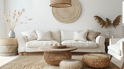 Beautiful living room interior with comfortable cozy sofas, rattan table and soft carpet