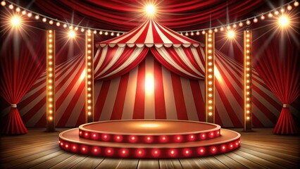 Circus stage podium background with carnival lights in red , circus, stage, podium, background,carnival, lights, red, entertainment