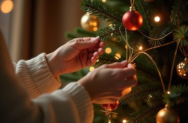 Close-up of female hands decorating a New Year tree with garlands lights and balls