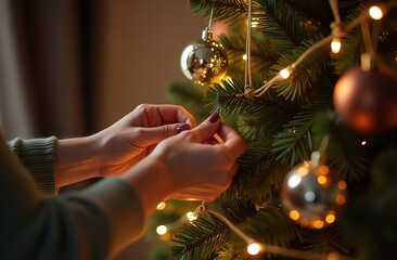 Close-up of female hands decorating a New Year tree with garlands lights and balls