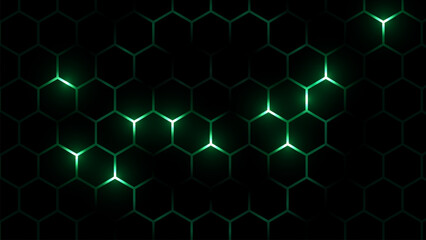 Hexagon grid tech pattern. Hexagonal cyberspace green background. Hexagonal gaming vector tech illustration black abstract background.
