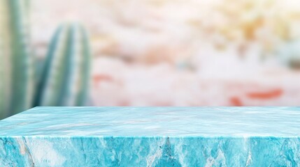 Minimalist Cactus Bokeh with Vibrant Blue Marble Surface