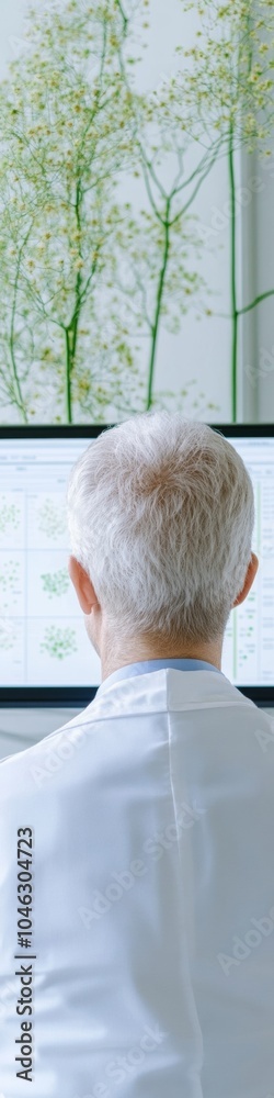 Poster White-Haired Scientist Analyzing Data on Dual Monitors in Modern Lab Setting