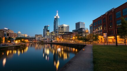 Fototapeta premium Nighttime City Skyline Over Calm River Reflection