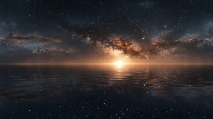A serene cosmic sunset reflecting over a calm ocean, surrounded by stars and a deep, starry sky, creating a tranquil atmosphere.