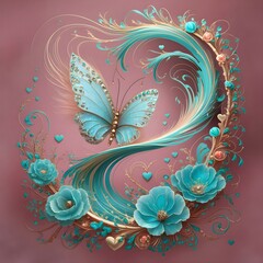 A butterfly landing on a blooming flower branch, Abstract Floral Swirls Background, Swedish Princess Cake with marzipan, metallic sculpture.