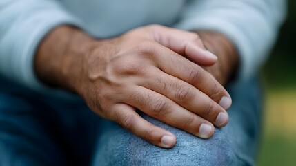 Fototapeta premium Close up of a man s hand massaging his knee experiencing a sudden cramp or sharp pain in the midsection area of his body