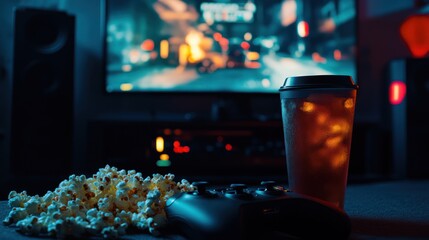 Gaming Setup with Snacks and Drink