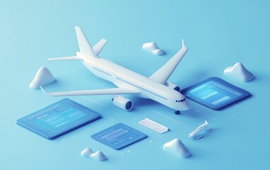 3D airplane with booking interface, creative travel elements, online ticket reservation, realistic rendering, highresolution design
