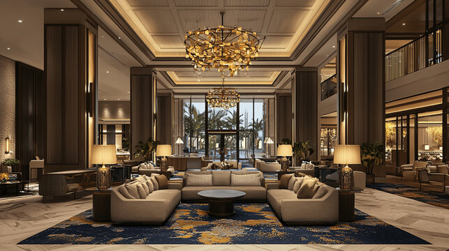 A luxurious hotel lobby with a spacious layout