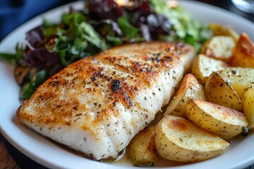 A plate of grilled fish with roasted potatoes and a fresh salad.