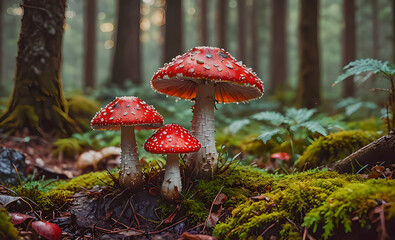 Fototapeta na wymiar Three red mushrooms are on a mossy forest floor