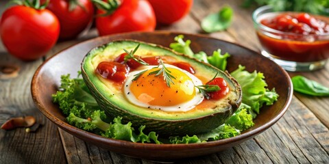 A delicious avocado egg served with tomato sauce and fresh salad , Avocado, egg, tomato sauce, salad, healthy, breakfast, brunch
