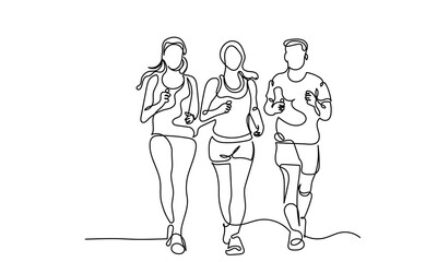 Continuous line drawing of three young adult men and women running jogging. Line art Mature friends running together outdoors. A Group of young people exercising on the sidewalk vector illustration.
