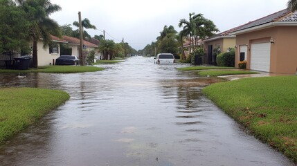 Fort Lauderdale Flooded Street in Florida Neighborhood During Tropical Storm Eta