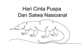 Continuous one line drawing of Komodo dragon, hari cinta puspa dan satwa nasional
