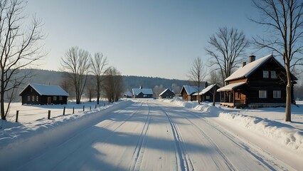 Description: A straight country road surrounded by thick white snow, with bare trees on the sides of the road. In the distance, you can see a wooden cabin with smoke rising from its chimney,