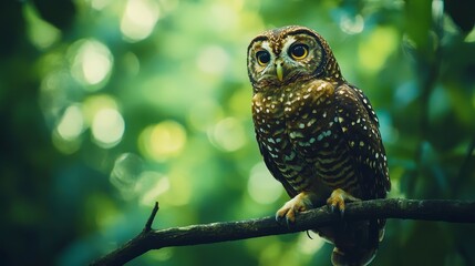 A striking owl perched on a branch amidst a blurred green background.