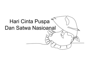 Continuous one line drawing of Siluk fish, hari cinta puspa dan satwa nasional
