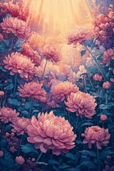 Radiant blossoms a serene journey through a majestic floral landscape bathed in ethereal light and colorful beauty