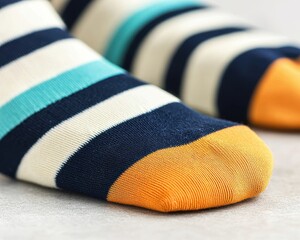 Colorful striped socks featuring navy blue, white, and orange accents.