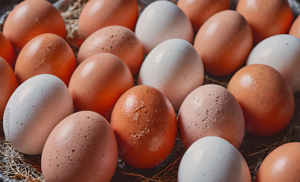 Poster a bunch of eggs with some of them being brown and some being white