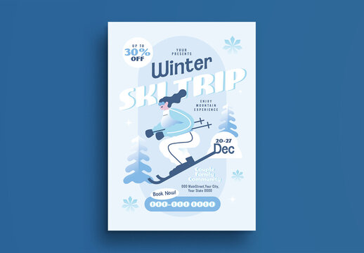 Blue Flat Design Winter Ski Trip Flyer Layout
