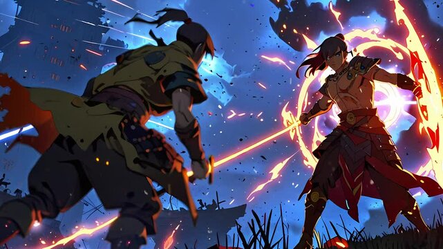 A fierce duel between two warriors, one wielding a striking sword and the other a blazing shield, set against a vibrant, explosive background created with generative ai