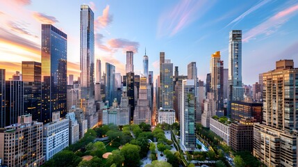 Obraz premium Stunning urban skyline at sunset over city park