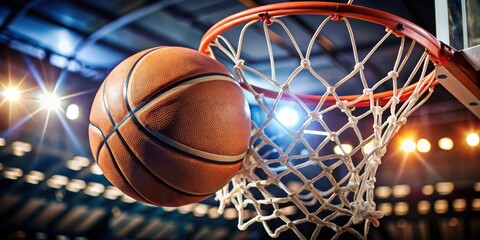 Closeup of basketball going through net for a score, basketball, net, hoop, score, points, game, sports, closeup, action