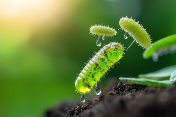 Fototapeta premium Captivating close-up of vibrant green caterpillars with glistening droplets on leaves showcasing nature's intricate beauty
