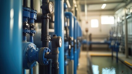 Fototapeta premium Industrial building with water recycling system pipes visible, efficient water use