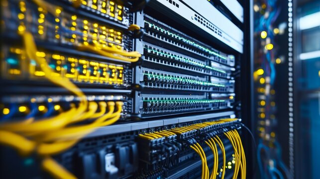 Data center switch: A high-performance switch installed in a data center, connected to rows of servers and network equipment, showcasing the backbone of enterprise networks.
