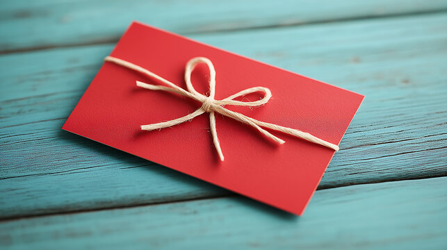 A red card tied with a simple beige string bow, placed on a vintage wooden surface. The card could be used for various purposes such as a gift card, invitation, or a special message.