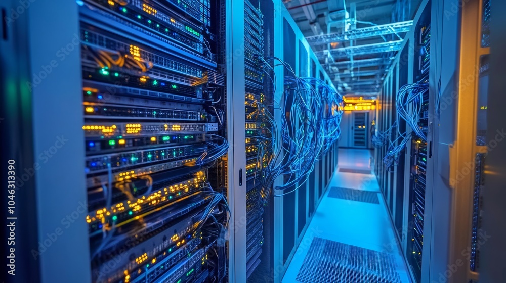Poster Data center switch: A high-performance switch installed in a data center, connected to rows of servers and network equipment, showcasing the backbone of enterprise networks.