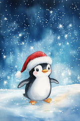 Fototapeta premium Penguin in a Santa hat under snowy sky 