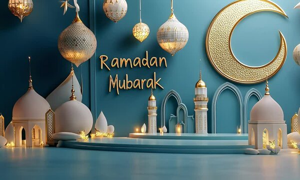 Ramadan Mubarak text background, With Ramadan lantern hanging in simple line. Ramadan Karim concept 