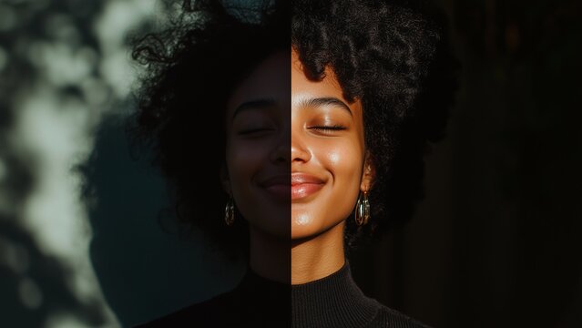 Images of facial expressions, differences in light and dark. A split image of a person smiling in sunlight and frowning in shadows highlighting the duality of emotions