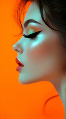 Fototapeta premium Close-up Profile of a Woman with Bold Makeup and Shimmering Skin Against an Orange Background