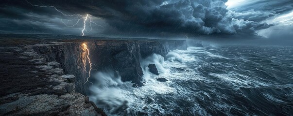 Fototapeta premium Dramatic seascape with lightning striking cliffs under turbulent skies.