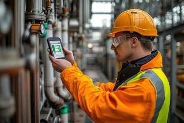 Engineer monitoring emissions with a handheld sensor in a chemical plant
