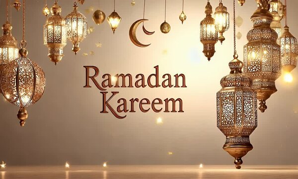 Ramadan Mubarak text background, With Ramadan lantern hanging in simple line. Ramadan Karim concept 